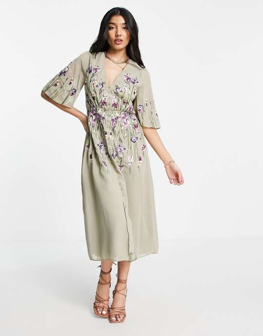 Hope & Ivy Adelaide embroidered midi dress in sage green | ASOS