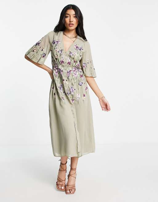 Hope & Ivy - Adelaide - Robe mi-longue à broderies - Vert sauge