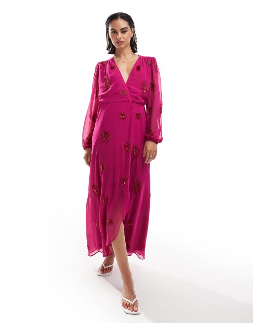 Hope & Ivy all over embellished midaxi wrap dress in fuchsia pink