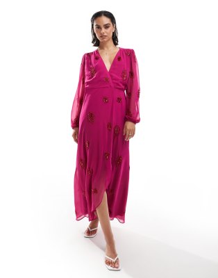 allover embellished midaxi wrap dress in fuchsia pink