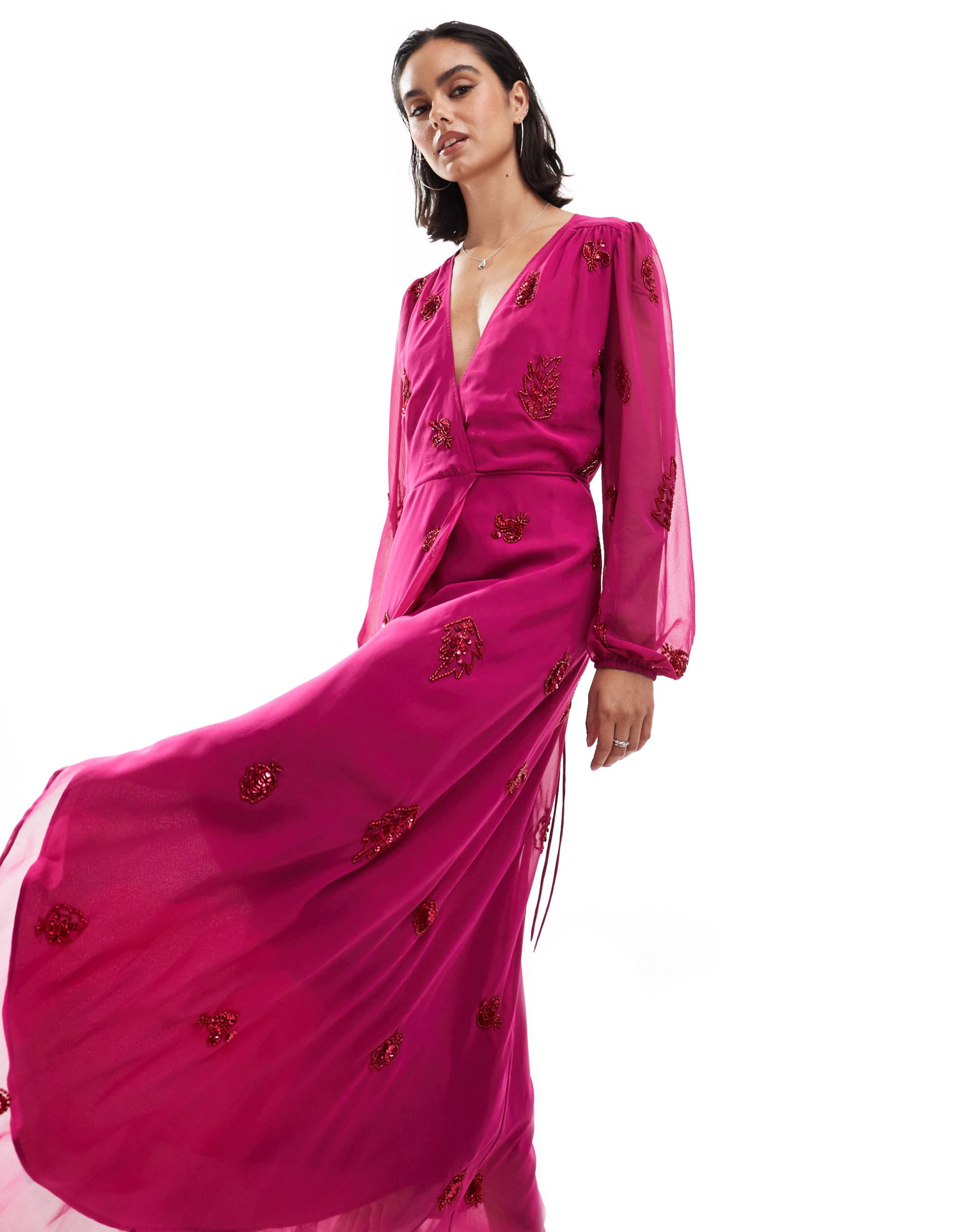 hope & ivy allover embellished midaxi wrap dress in fuchsia pink