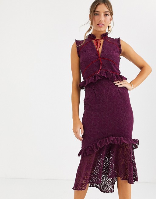Hope & Ivy allover lace high neck midi dress with ruffle and velvet trim in berry