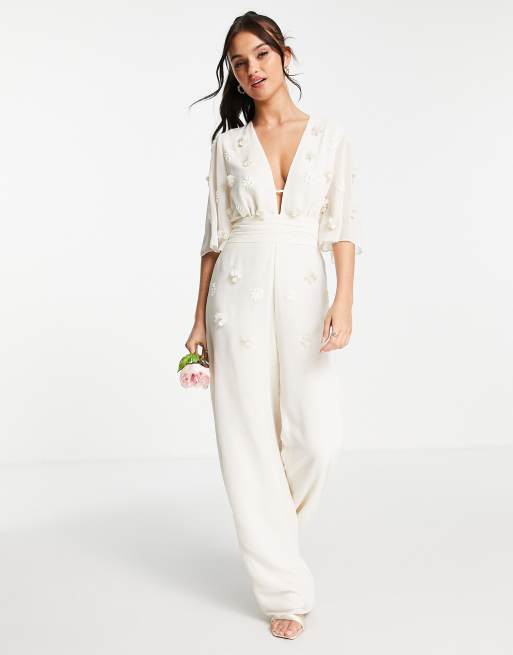 Hope & Ivy - Alt til bruden - Broderet jumpsuit med dyb udskæring i elfenbenshvid, 3 af 4