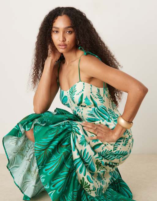 Hope & Ivy asymmetric tie shoulder cami midaxi dress in green print, 2 of 4