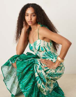 Hope & Ivy Asymmetric Tie Shoulders Cami Midaxi Dress In Green