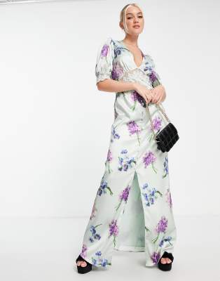 Hope Ivy Avery Floral Print Satin Maxi Dress In Lilac-purple