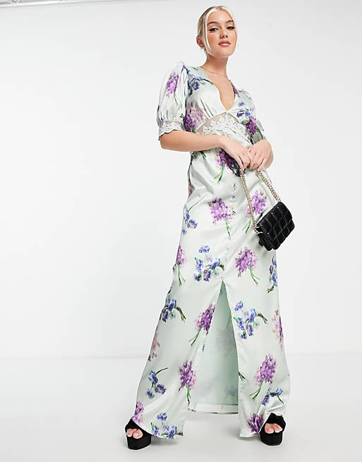 Hope & Ivy Avery floral print satin maxi dress in lilac