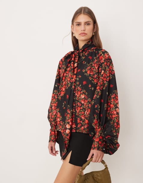 Hope & Ivy balloon sleeve blouse with tie neck in black and red floral - view 1