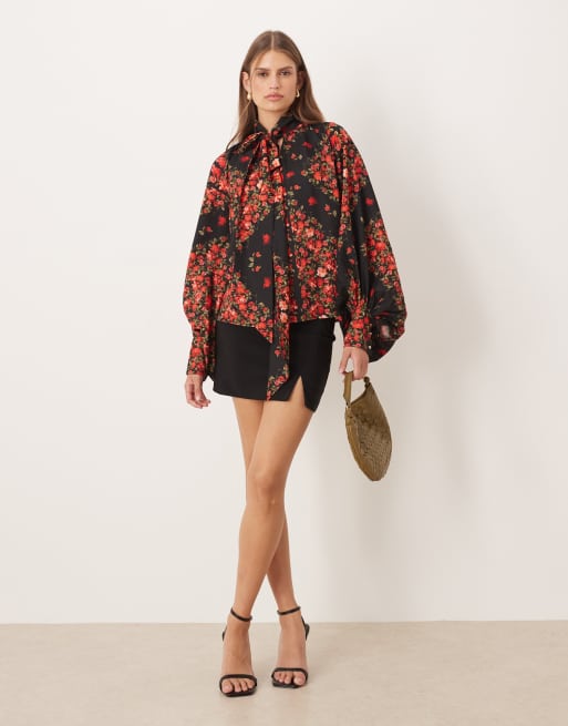 Hope & Ivy balloon sleeve blouse with tie neck in black and red floral