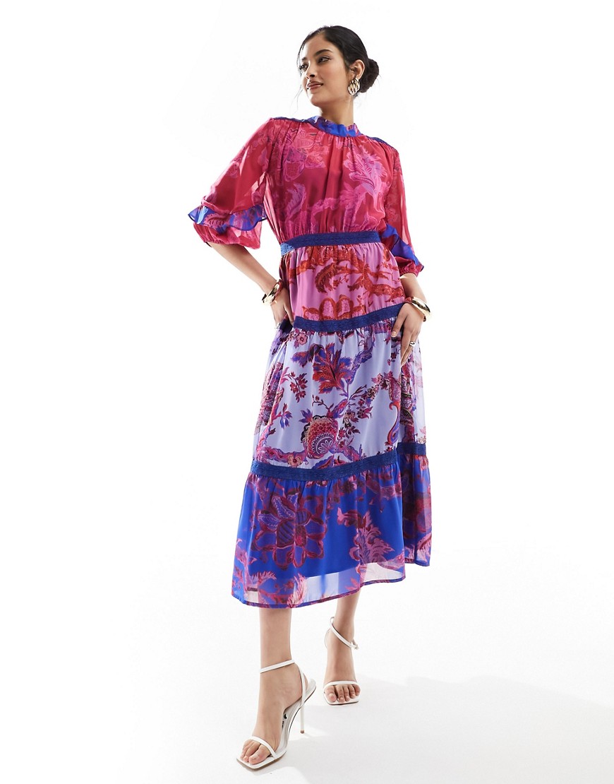 Hope & Ivy balloon sleeve midi dress in colourblock floral print-Multi