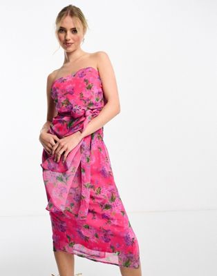bandeau drape midi dress in bright pink floral