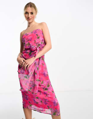 Hope & Ivy Bandeau Drape Midi Dress In Bright Pink Floral