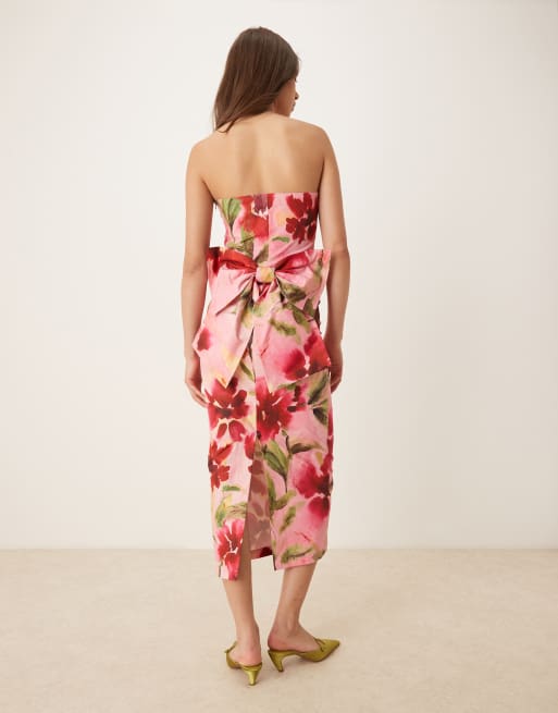 Hope & Ivy bandeau pencil midi dress with bow back in pink floral, 4 of 4