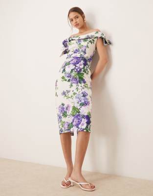 bardot sleeve midi pencil dress in white and purple