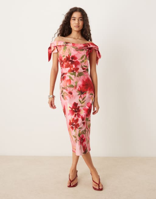 Hope & Ivy bardot sleeve pencil midi dress in pink floral, 2 of 4