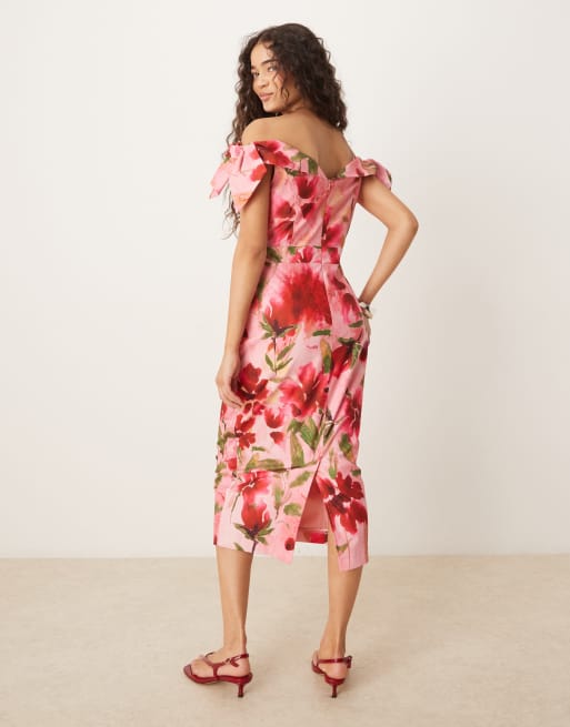 Hope & Ivy bardot sleeve pencil midi dress in pink floral, 3 of 4