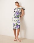 [Hope & Ivy] Hope & Ivy bardot sleeve pencil midi dress in white and purple 14 Purple multi