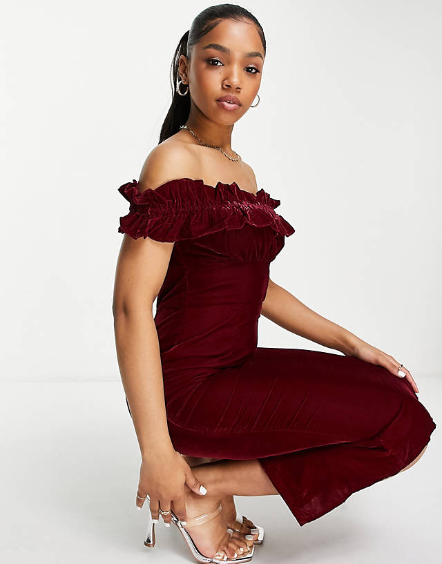 Hope & Ivy - bardot velvet midi dress in burgundy