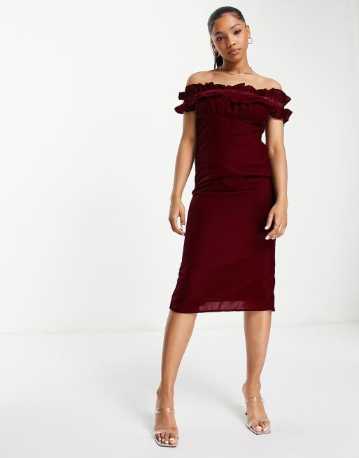 Hope & Ivy bardot velvet midi dress in burgundy, 3 of 4