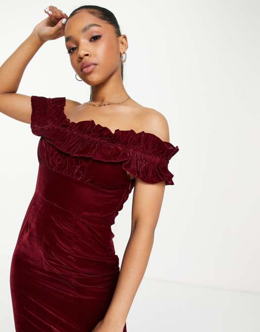 Hope Ivy bardot velvet midi dress in burgundy