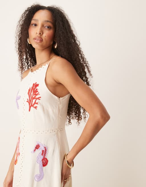 Hope & Ivy beach embellished high neck midi dress in cream