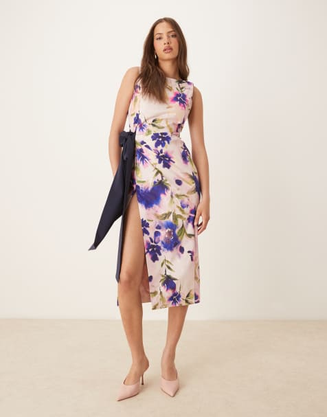 Hope & Ivy – Bleistiftkleid mit Zierschleife, asymmetrischem Schnitt und lila Blumenmuster - view 1