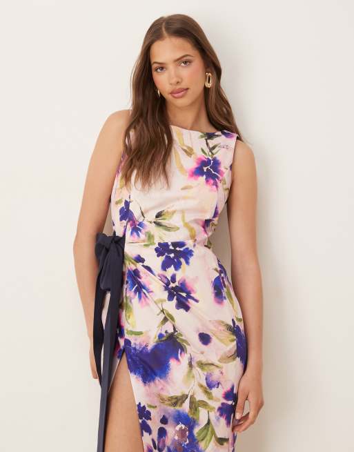 Hope & Ivy – Bleistiftkleid mit Zierschleife, asymmetrischem Schnitt und lila Blumenmuster, 2 von 4
