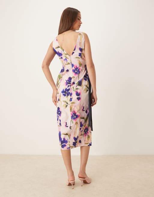 Hope & Ivy – Bleistiftkleid mit Zierschleife, asymmetrischem Schnitt und lila Blumenmuster, 4 von 4