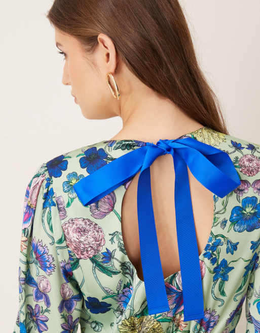 Hope & Ivy blouson long sleeve midaxi dress with bow back in blue mirror floral, 2 of 4