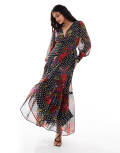 [Hope & Ivy] Hope & Ivy blouson sleeve maxi wrap dress with lace cuffs in dark red floral 6 Dark red floral