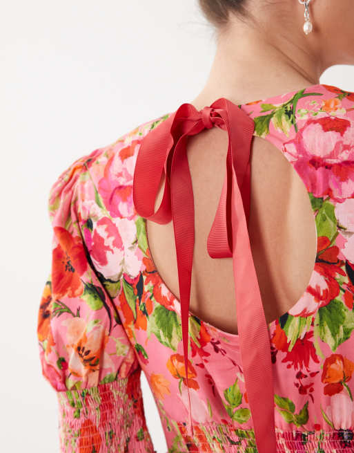 Hope & Ivy bow back midi day dress in pink floral, 2 of 4