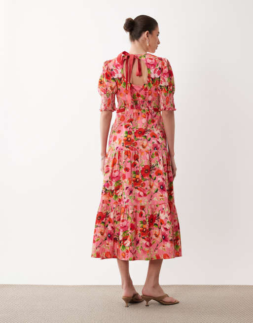 Hope & Ivy bow back midi day dress in pink floral, 4 of 4