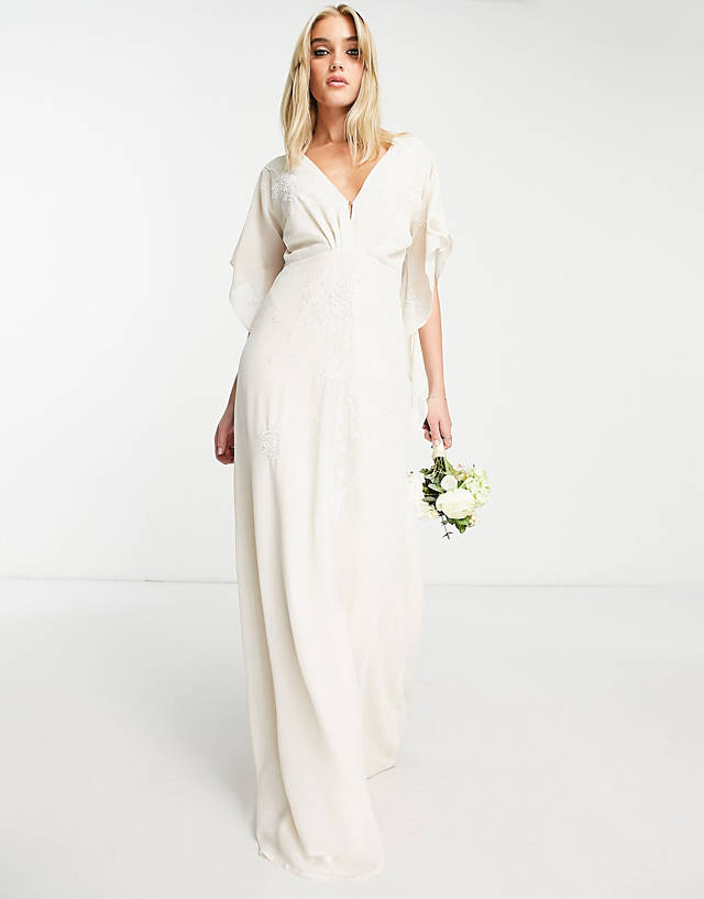 Hope & Ivy - bridal backless cape sleeve maxi dress in ivory