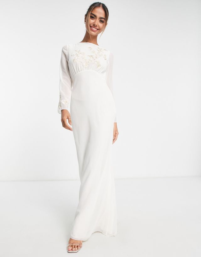 Hope & Ivy Bridal cowl back embroidered maxi dress in ivory