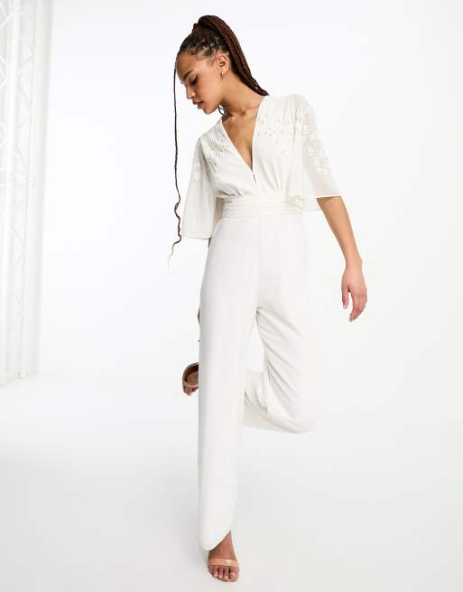 Hope & Ivy Bridal embellished bow back jumpsuit in ivory