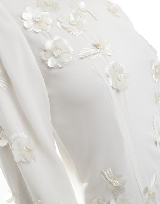 Hope & Ivy Bridal embellished flare sleeve mini dress in white, 4 of 4
