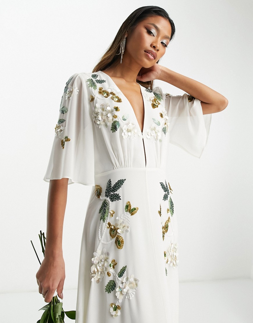 Hope & Ivy Bridal embellished plunge flutter sleeve maxi dress in cream-White