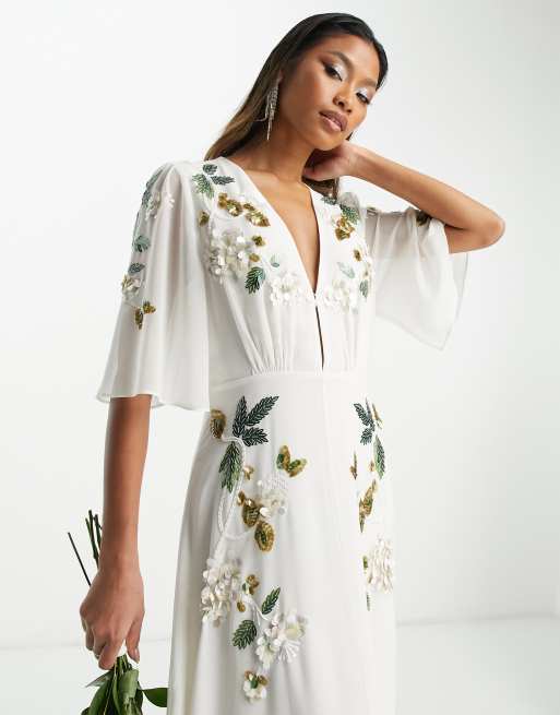 Hope Ivy Bridal embellished plunge flutter sleeve maxi dress in cream