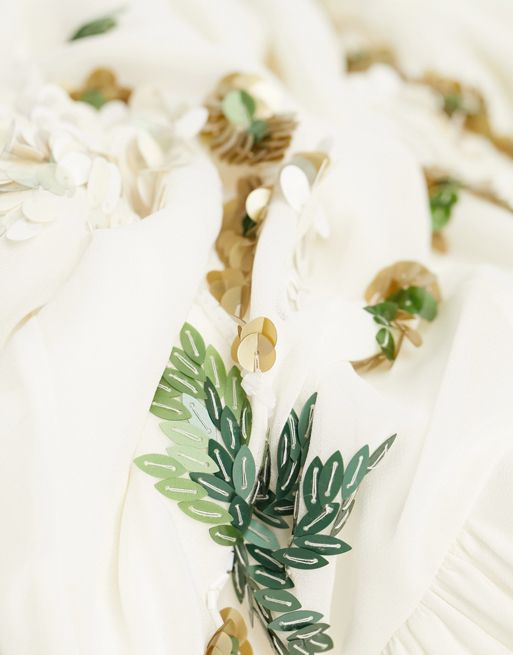Hope & Ivy Bridal embellished plunge flutter sleeve maxi dress in cream