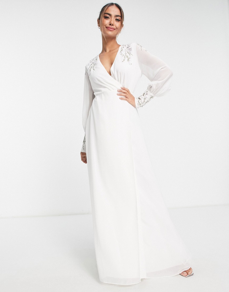 Hope & Ivy Bridal embellished wrap maxi dress in ivory-White