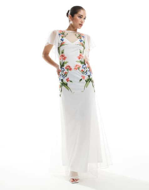 Hope & Ivy Bridal embroidered open back maxi dress with tie detail in white - view 1