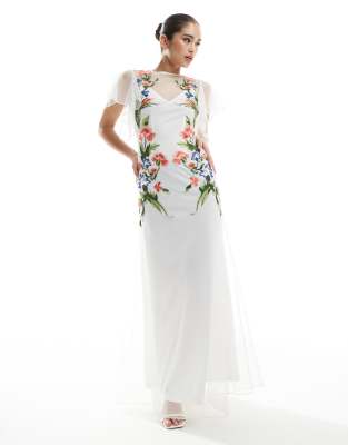 hope & ivy bridal embroidered open back maxi dress with tie detail in white