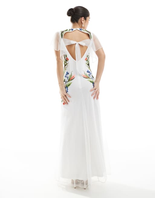 Hope & Ivy Bridal embroidered open back maxi dress with tie detail in white, 3 of 4