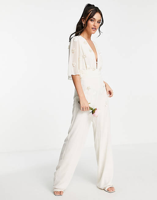 Women Hope & Ivy Bridal embroidered plunge jumpsuit in ivory 