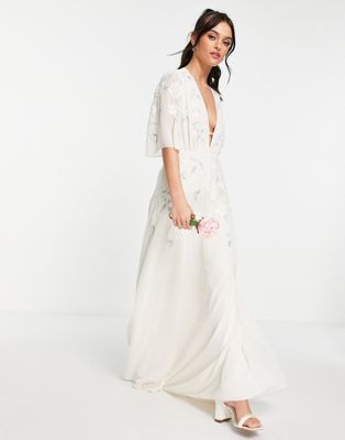 Hope & Ivy Bridal embroidered plunge maxi dress in ivory