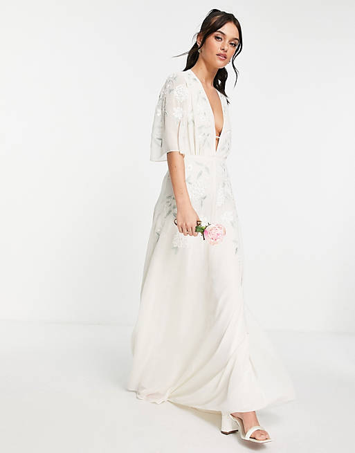 Hope & Ivy Bridal embroidered plunge maxi dress in ivory