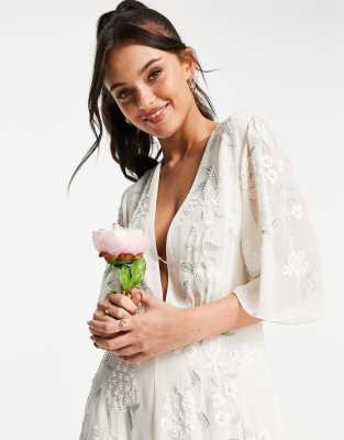 Hope Ivy Bridal embroidered plunge maxi dress in ivory