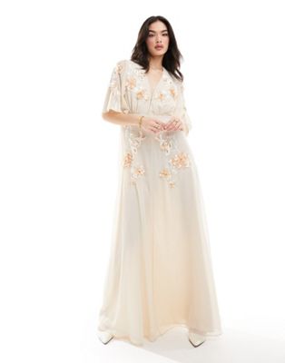 Bridal flutter sleeve embroidered floral maxi dress in cream-White