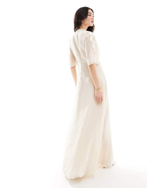 Hope Ivy Bridal flutter sleeve embroidered floral maxi dress in cream