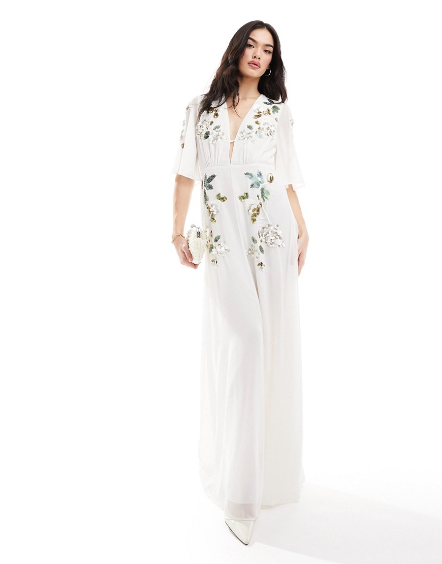 Bridal flutter sleeve embroidered floral maxi dress in ivory-White